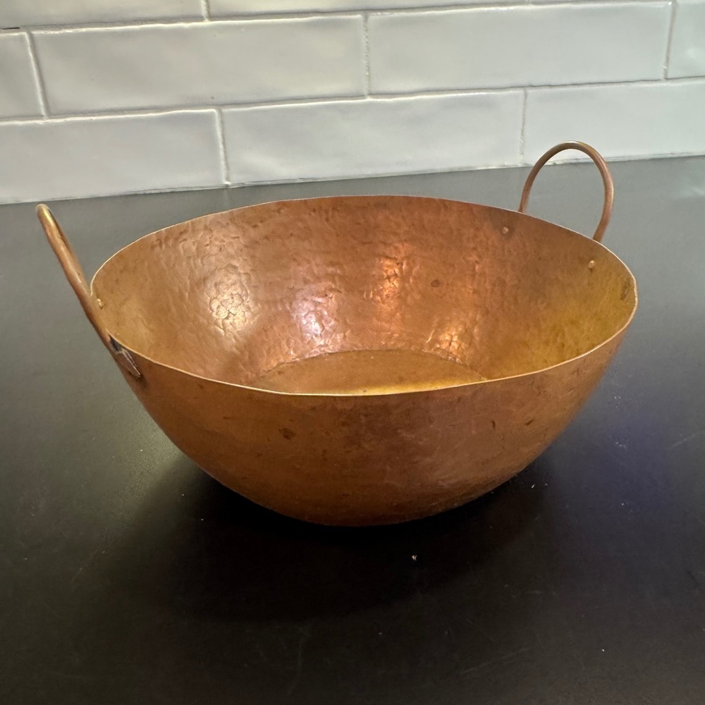 Hammered Copper Bowl Small 7.5in Rose Gold Rustic Dual Handle Handcrafted